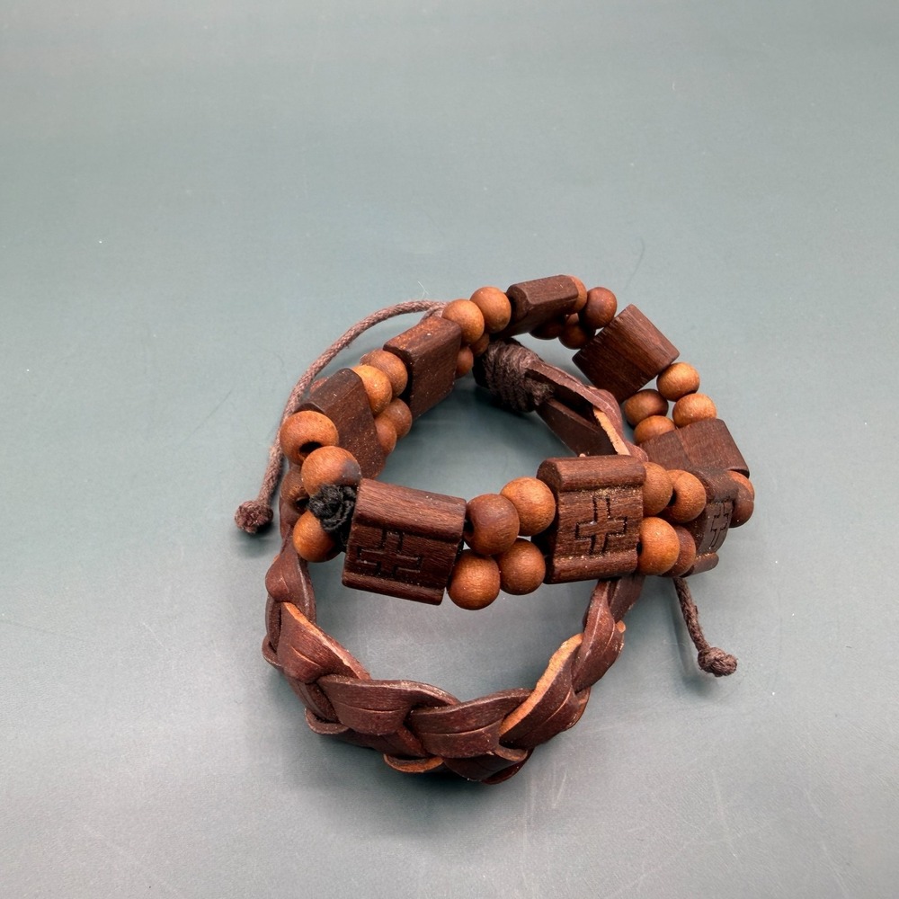 Set of 2 Brown Wooden Bead Braided Cord Cross Bracelets Boho Christian Gift Men - Picture 9 of 17